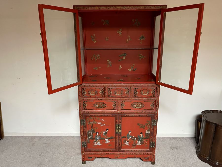 Vintage Chinese Red Lacquer Hand-Painted Cabinet 34.5W X 18D X 70H [Photo 4]