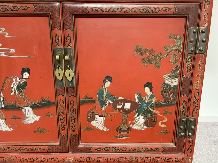 Vintage Chinese Red Lacquer Hand-Painted Cabinet 34.5W X 18D X 70H [Photo 11]