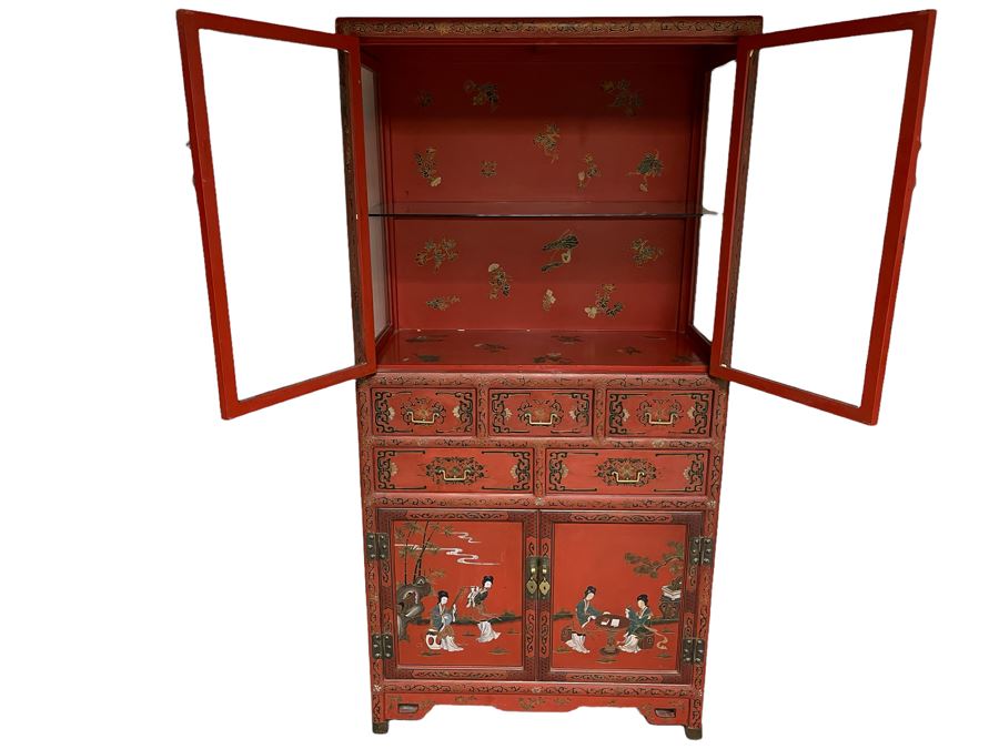 Vintage Chinese Red Lacquer Hand-Painted Cabinet 34.5W X 18D X 70H