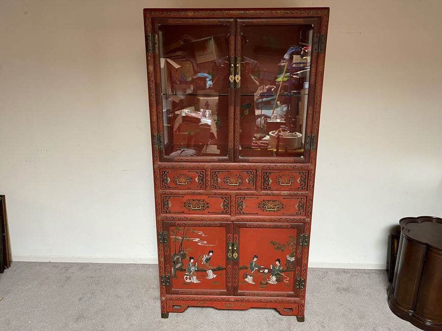 Vintage Chinese Red Lacquer Hand-Painted Cabinet 34.5W X 18D X 70H [Photo 5]