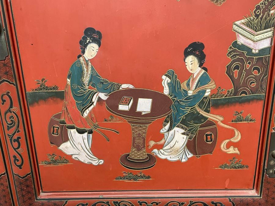 Vintage Chinese Red Lacquer Hand-Painted Cabinet 34.5W X 18D X 70H [Photo 12]