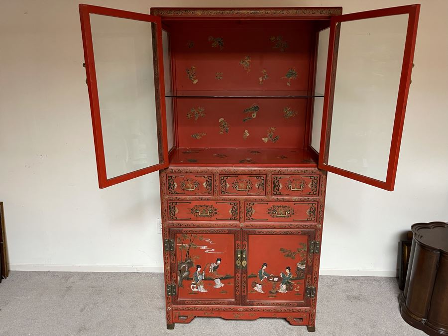 Vintage Chinese Red Lacquer Hand-Painted Cabinet 34.5W X 18D X 70H [Photo 3]