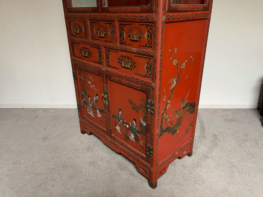 Vintage Chinese Red Lacquer Hand-Painted Cabinet 34.5W X 18D X 70H [Photo 20]