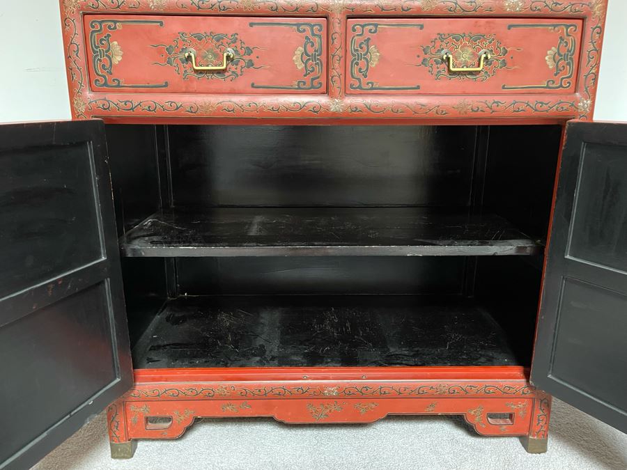 Vintage Chinese Red Lacquer Hand-Painted Cabinet 34.5W X 18D X 70H [Photo 14]