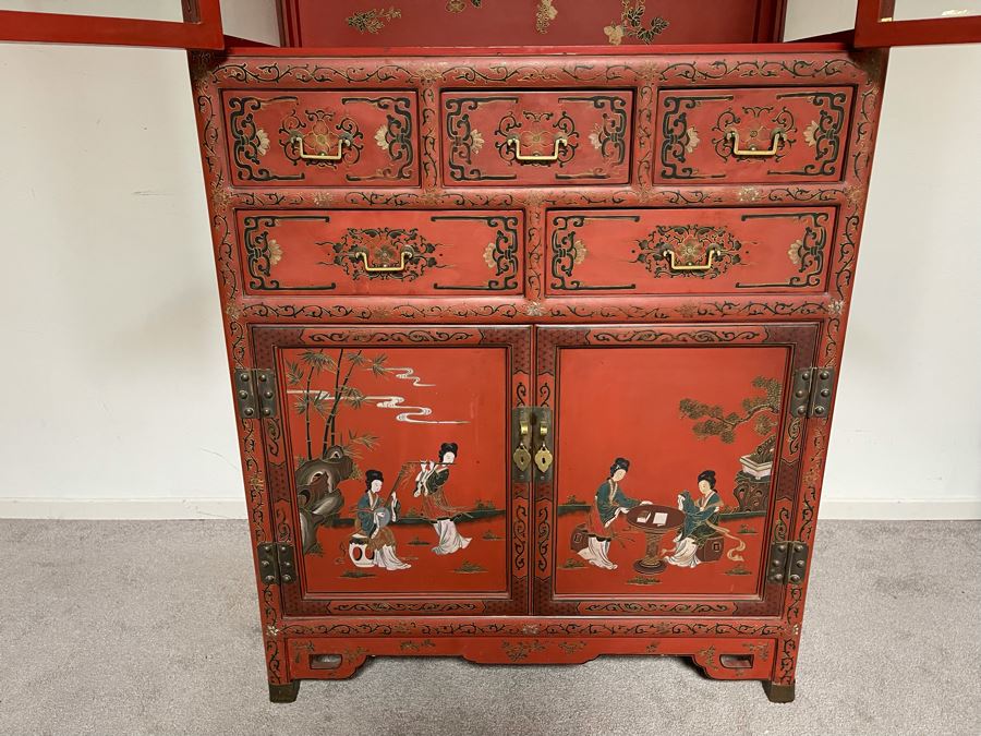 Vintage Chinese Red Lacquer Hand-Painted Cabinet 34.5W X 18D X 70H [Photo 7]