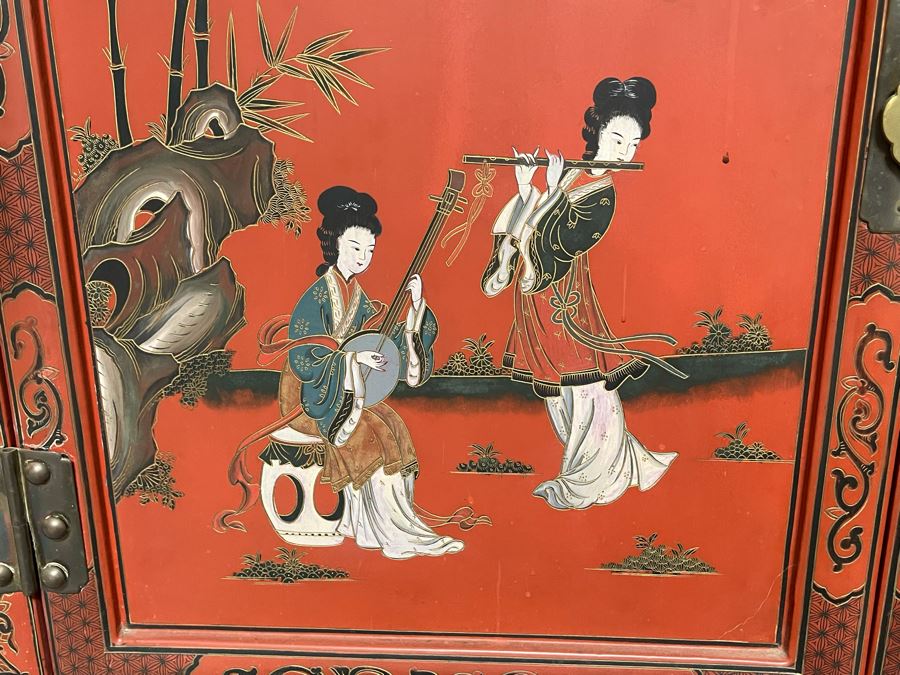 Vintage Chinese Red Lacquer Hand-Painted Cabinet 34.5W X 18D X 70H [Photo 13]