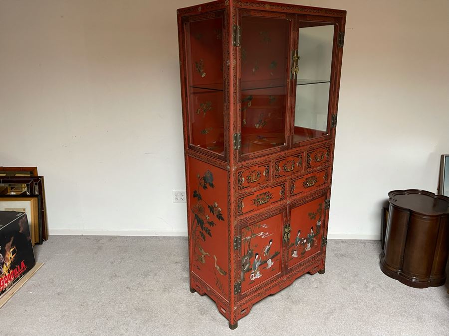 Vintage Chinese Red Lacquer Hand-Painted Cabinet 34.5W X 18D X 70H [Photo 16]