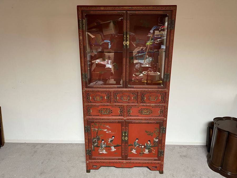 Vintage Chinese Red Lacquer Hand-Painted Cabinet 34.5W X 18D X 70H [Photo 6]