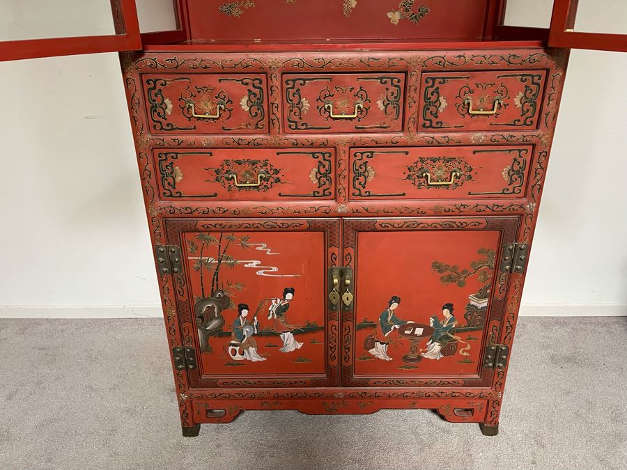 Vintage Chinese Red Lacquer Hand-Painted Cabinet 34.5W X 18D X 70H [Photo 8]