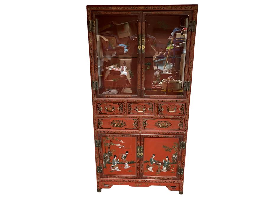 Vintage Chinese Red Lacquer Hand-Painted Cabinet 34.5W X 18D X 70H [Photo 2]