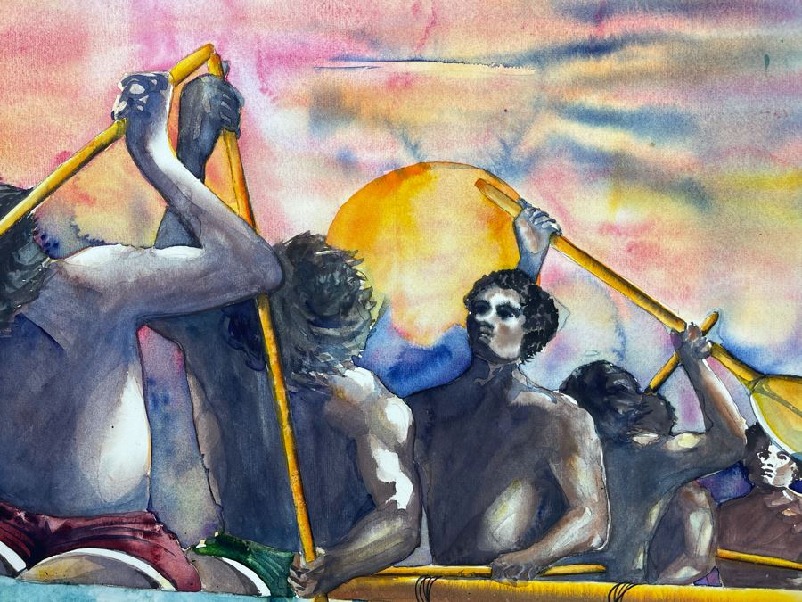Original Hawaiian Watercolor Painting Of Rowers Rowing Crew On Paper Signed 27.5W X 19.5H [Photo 7]