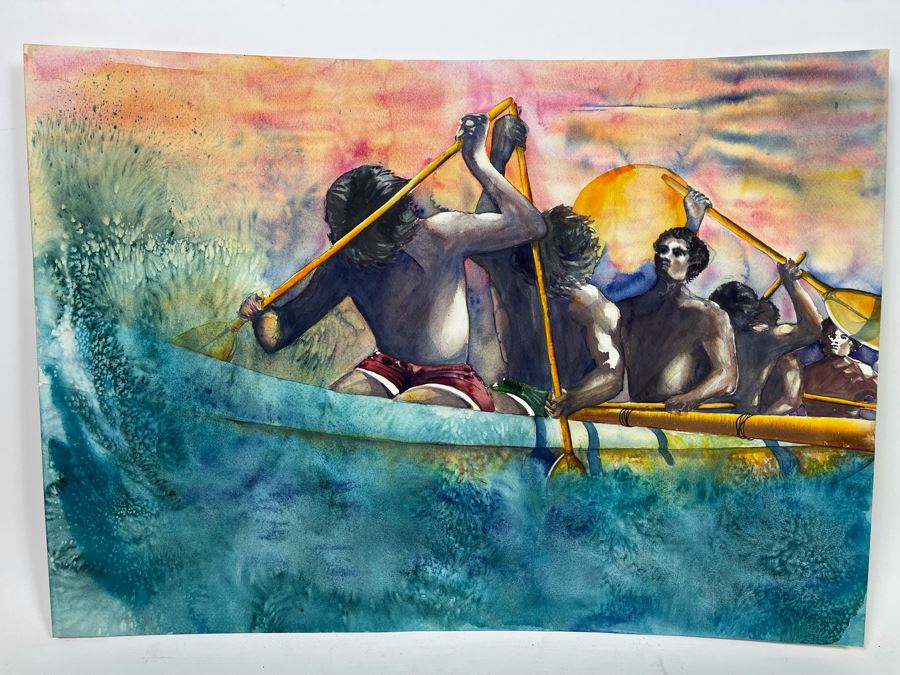 Original Hawaiian Watercolor Painting Of Rowers Rowing Crew On Paper Signed 27.5W X 19.5H [Photo 2]