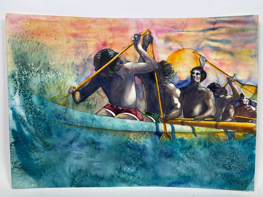 Original Hawaiian Watercolor Painting Of Rowers Rowing Crew On Paper Signed 27.5W X 19.5H [Photo 3]