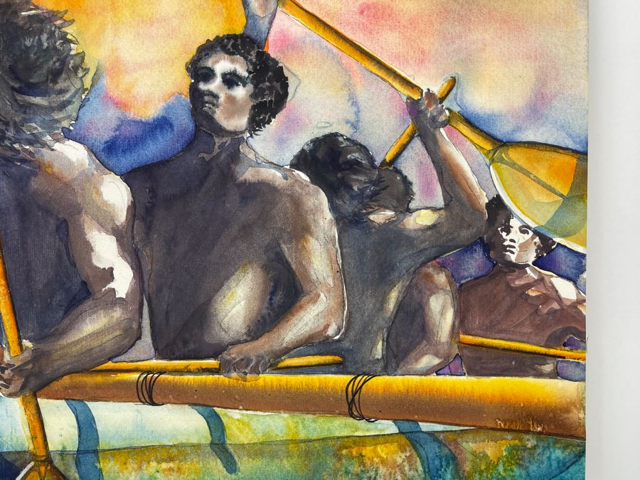 Original Hawaiian Watercolor Painting Of Rowers Rowing Crew On Paper Signed 27.5W X 19.5H [Photo 5]