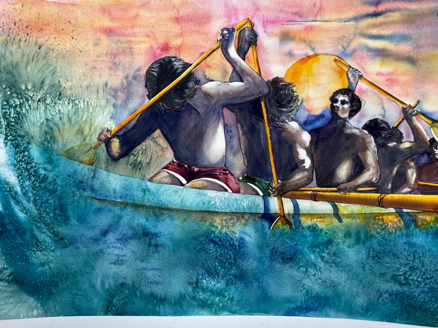 Original Hawaiian Watercolor Painting Of Rowers Rowing Crew On Paper Signed 27.5W X 19.5H [Photo 8]