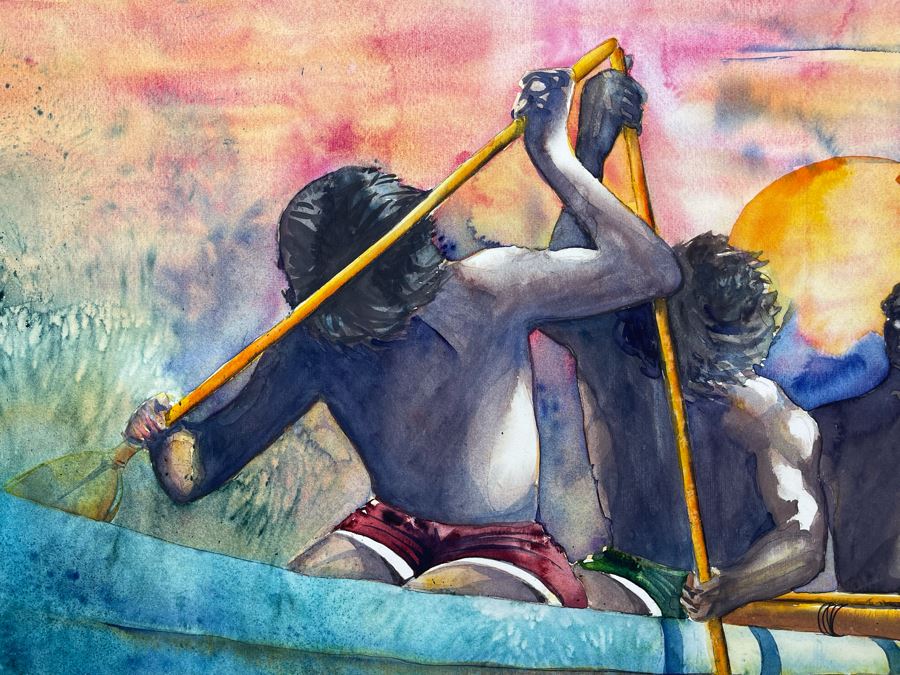 Original Hawaiian Watercolor Painting Of Rowers Rowing Crew On Paper Signed 27.5W X 19.5H [Photo 6]