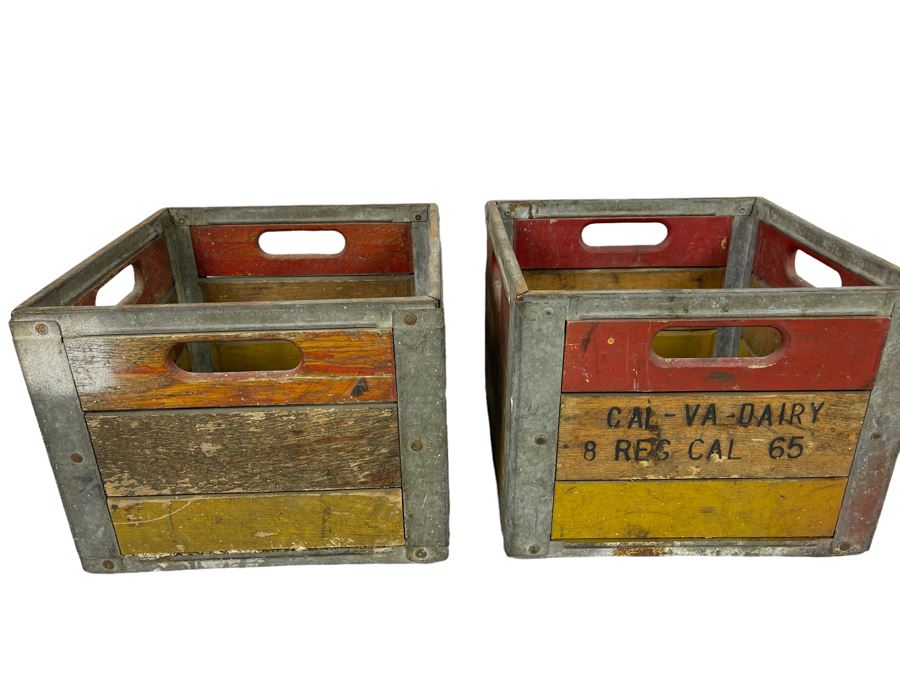 Pair Of Old Wooden And Metal Milk Dairy Crates 13W X 13D [Photo 1]
