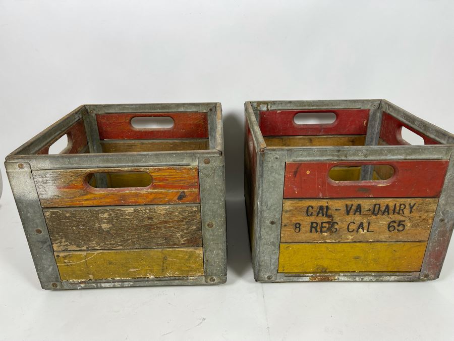 Pair Of Old Wooden And Metal Milk Dairy Crates 13W X 13D [Photo 2]