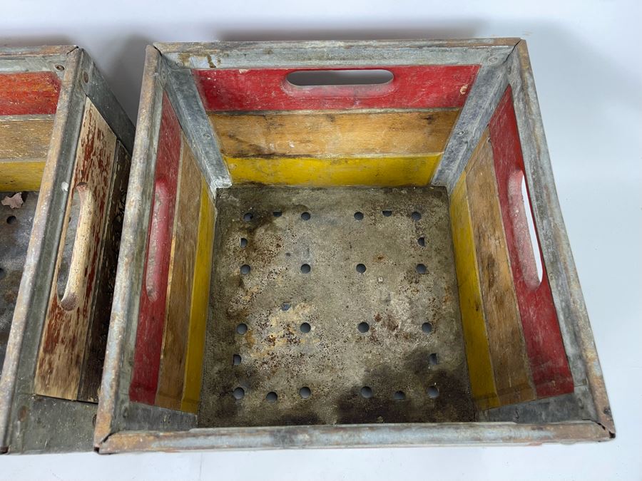 Pair Of Old Wooden And Metal Milk Dairy Crates 13W X 13D [Photo 6]