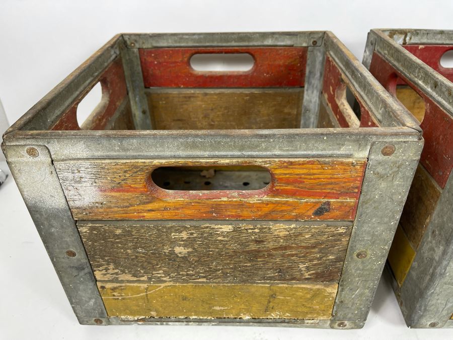 Pair Of Old Wooden And Metal Milk Dairy Crates 13W X 13D [Photo 5]