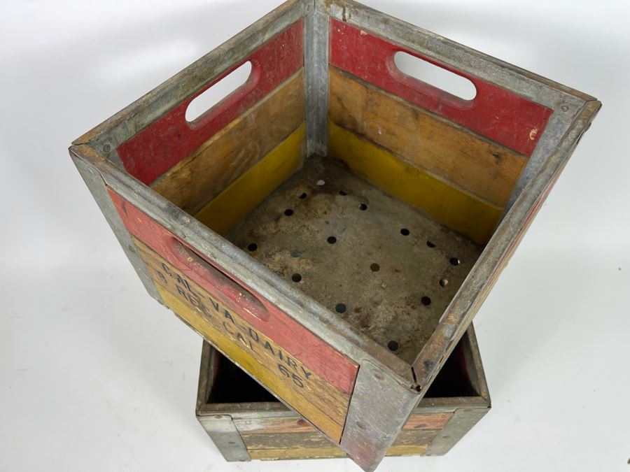 Pair Of Old Wooden And Metal Milk Dairy Crates 13W X 13D [Photo 8]