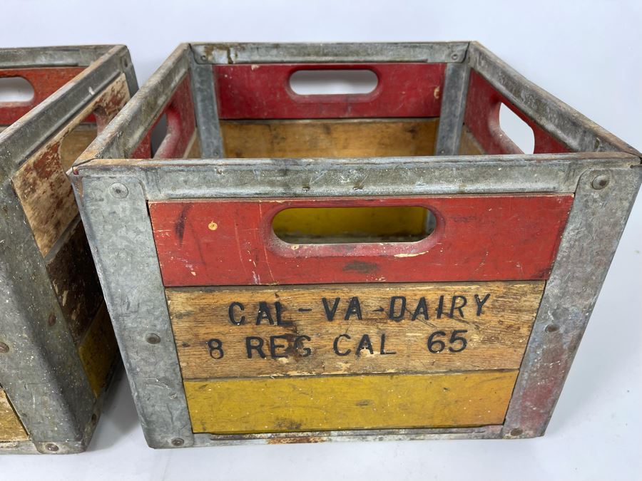 Pair Of Old Wooden And Metal Milk Dairy Crates 13W X 13D [Photo 4]