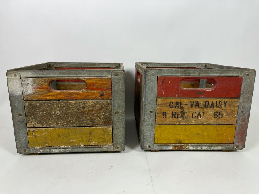 Pair Of Old Wooden And Metal Milk Dairy Crates 13W X 13D [Photo 3]
