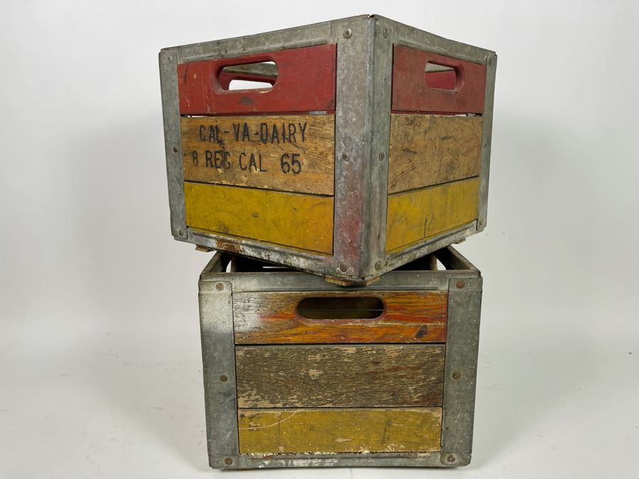 Pair Of Old Wooden And Metal Milk Dairy Crates 13W X 13D [Photo 7]
