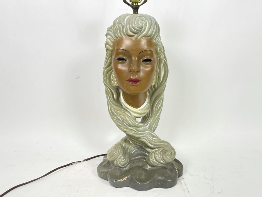 Mid-Century Plastart Woman Face Chalkware Plaster Lamp Needs Rewiring 20H [Photo 4]