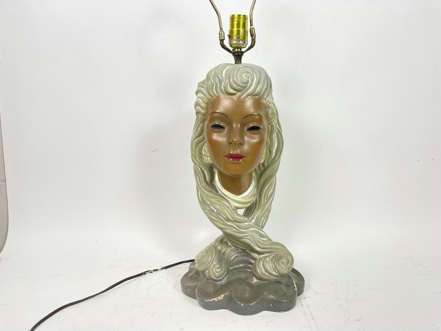 Mid-Century Plastart Woman Face Chalkware Plaster Lamp Needs Rewiring 20H [Photo 3]
