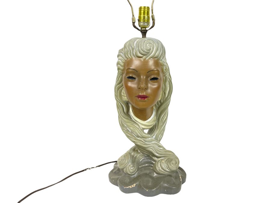 Mid-Century Plastart Woman Face Chalkware Plaster Lamp Needs Rewiring 20H