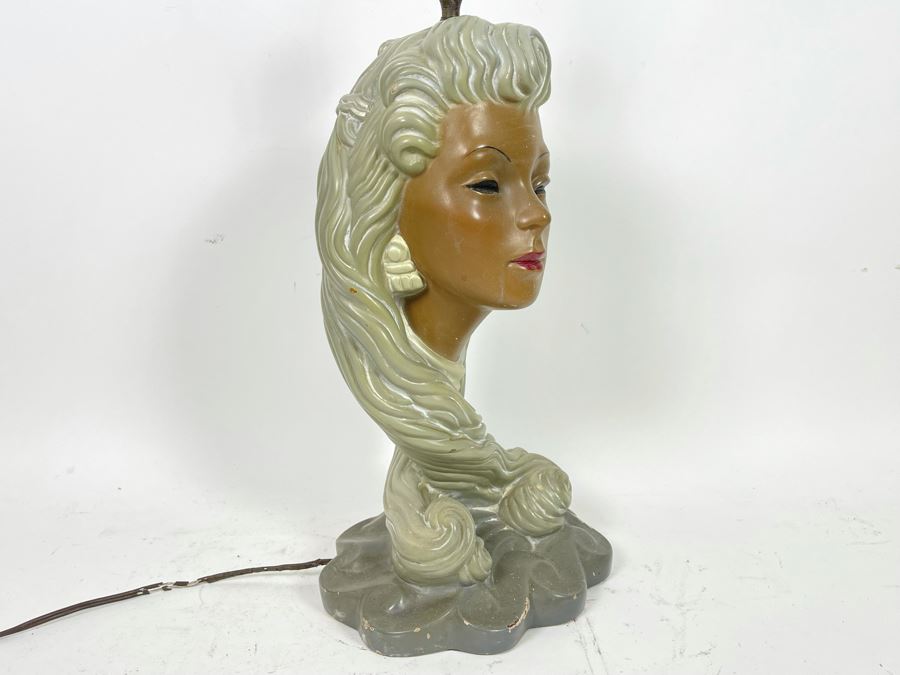 Mid-Century Plastart Woman Face Chalkware Plaster Lamp Needs Rewiring 20H [Photo 5]