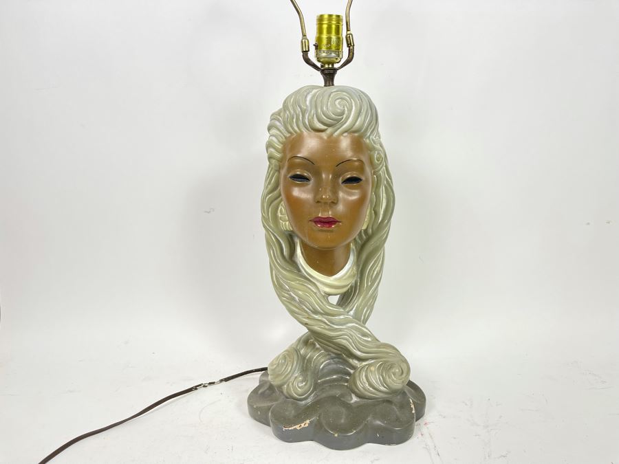 Mid-Century Plastart Woman Face Chalkware Plaster Lamp Needs Rewiring 20H [Photo 2]