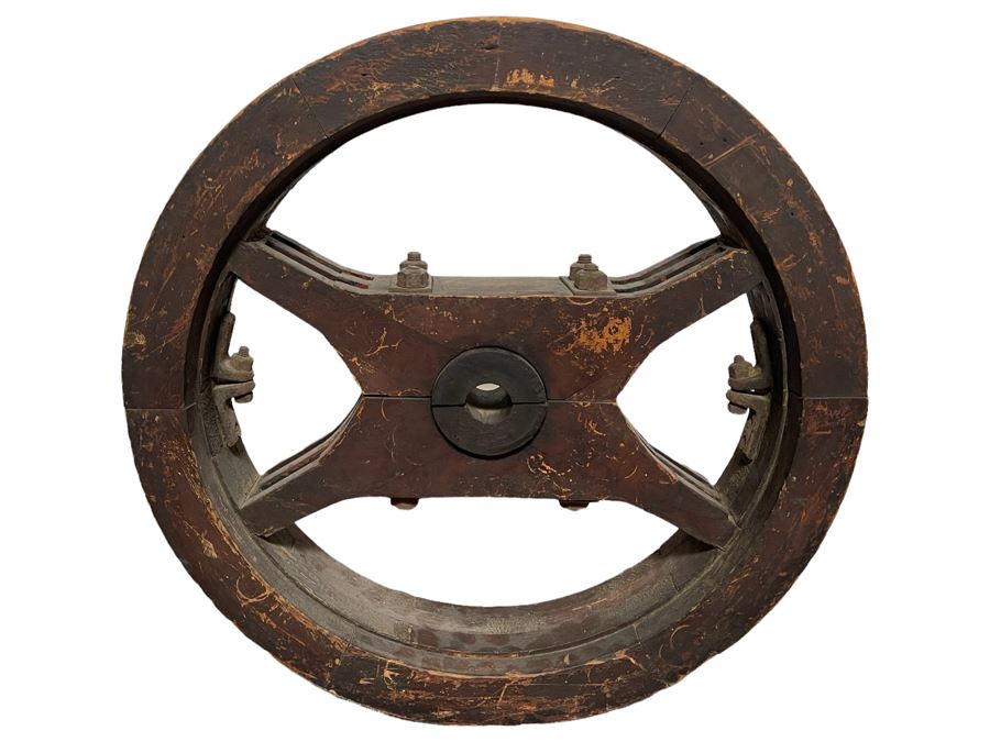 Vintage Industrial Wooden Belt Wheel Wall Decor 22R X 4.5D