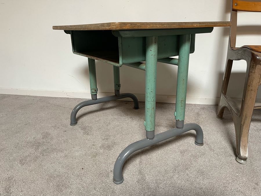 Vintage Metal And Wood School Desk 26W X 20D X 21H With School Chair [Photo 5]