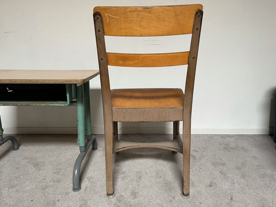 Vintage Metal And Wood School Desk 26W X 20D X 21H With School Chair [Photo 11]