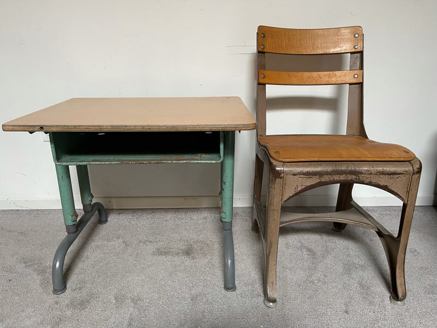 Vintage Metal And Wood School Desk 26W X 20D X 21H With School Chair [Photo 3]