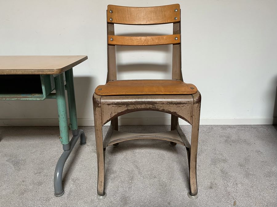 Vintage Metal And Wood School Desk 26W X 20D X 21H With School Chair [Photo 8]