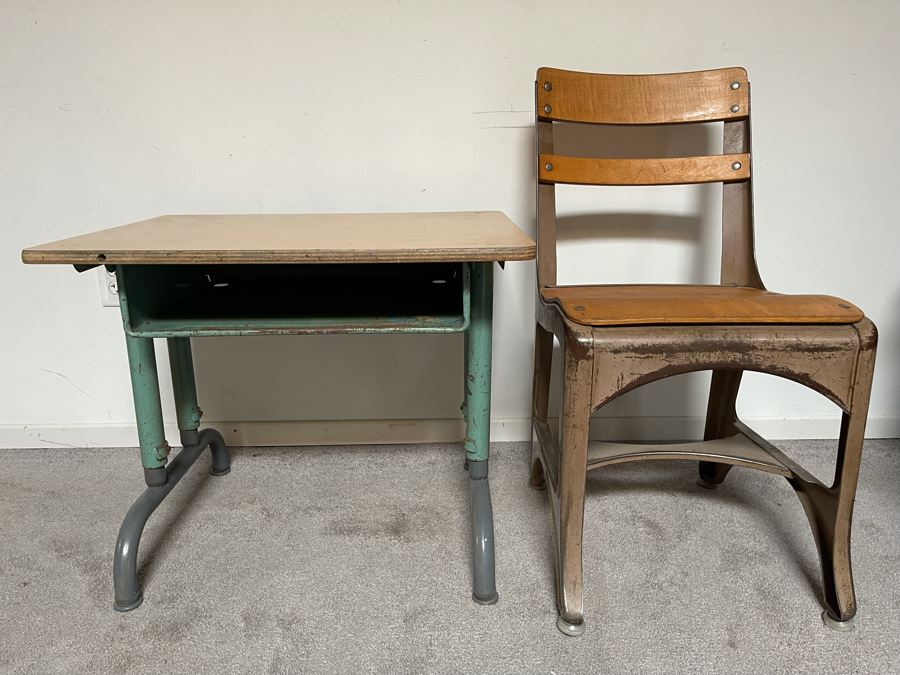 Vintage Metal And Wood School Desk 26W X 20D X 21H With School Chair [Photo 1]