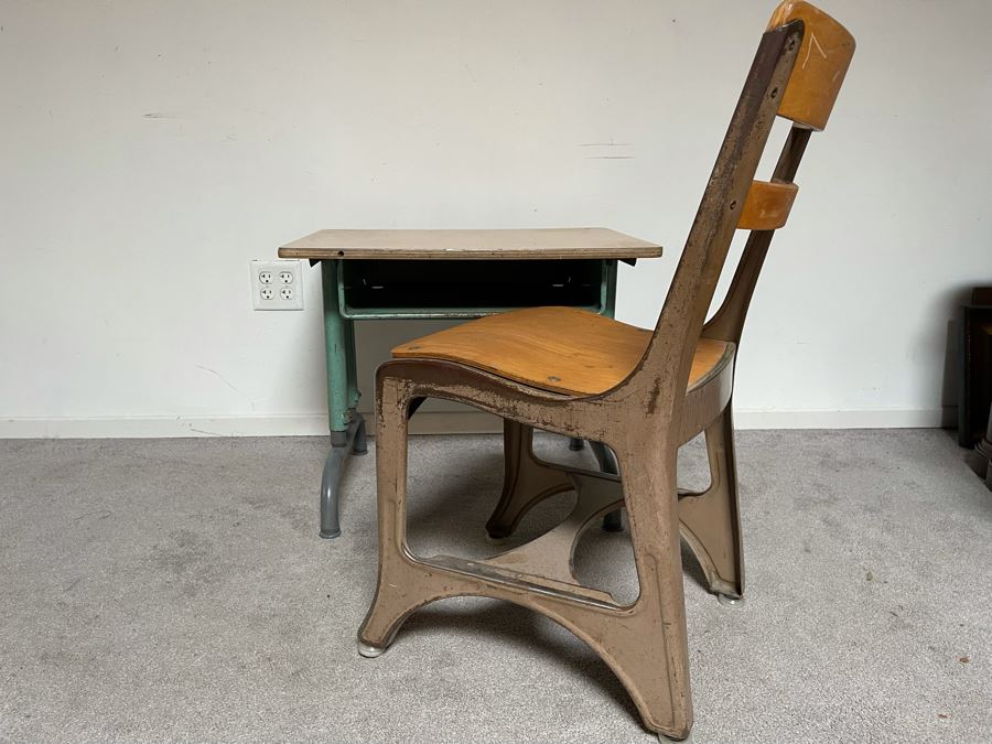 Vintage Metal And Wood School Desk 26W X 20D X 21H With School Chair [Photo 2]