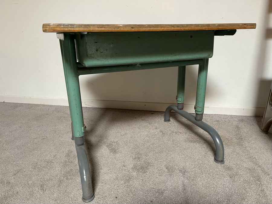 Vintage Metal And Wood School Desk 26W X 20D X 21H With School Chair [Photo 7]