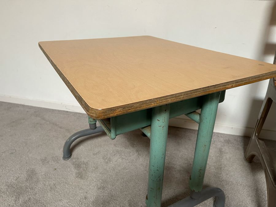 Vintage Metal And Wood School Desk 26W X 20D X 21H With School Chair [Photo 6]