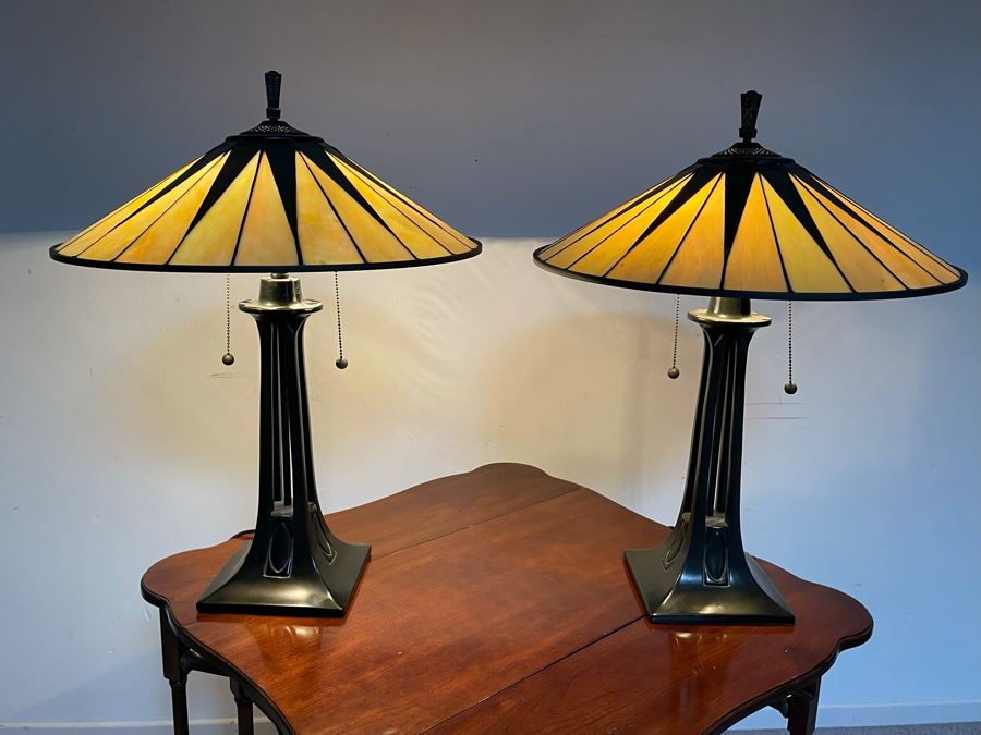 Pair Of Quoizel Stained Glass Metal Base Table Lamps