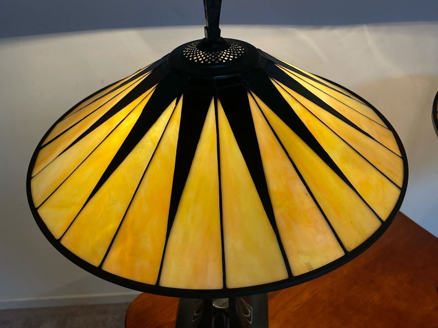 Pair Of Quoizel Stained Glass Metal Base Table Lamps