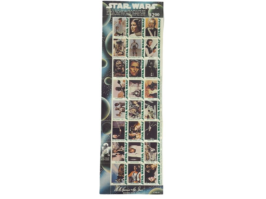 Vintage 1977 Star Wars H. E. Harris & Co Stamps Full Sheet