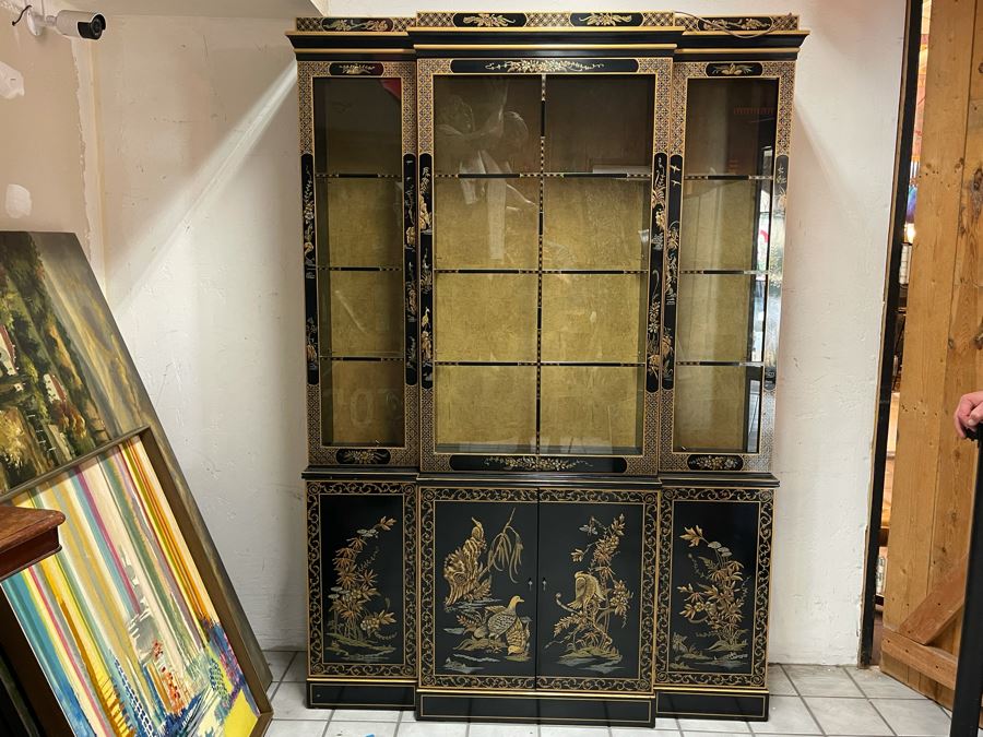 Black And Gold Chinoiserie Display China Cabinet 55W X 16D X 80H [Photo 4]
