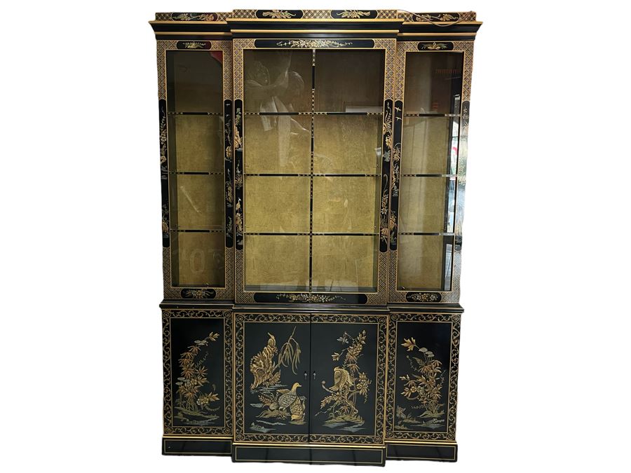 Black And Gold Chinoiserie Display China Cabinet 55W X 16D X 80H [Photo 2]