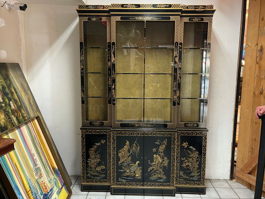 Black And Gold Chinoiserie Display China Cabinet 55W X 16D X 80H [Photo 5]