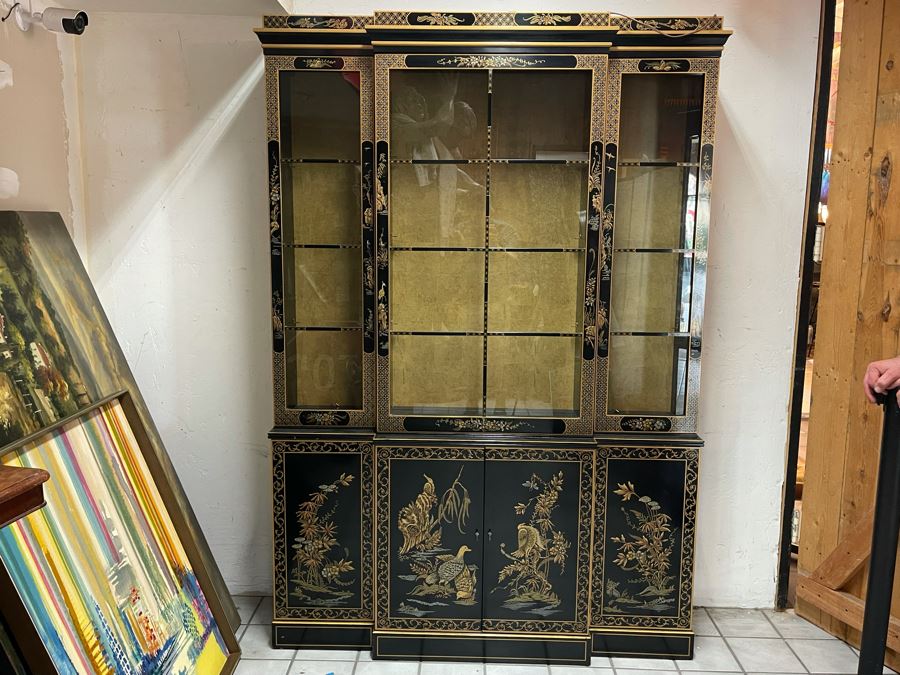 Black And Gold Chinoiserie Display China Cabinet 55W X 16D X 80H [Photo 6]