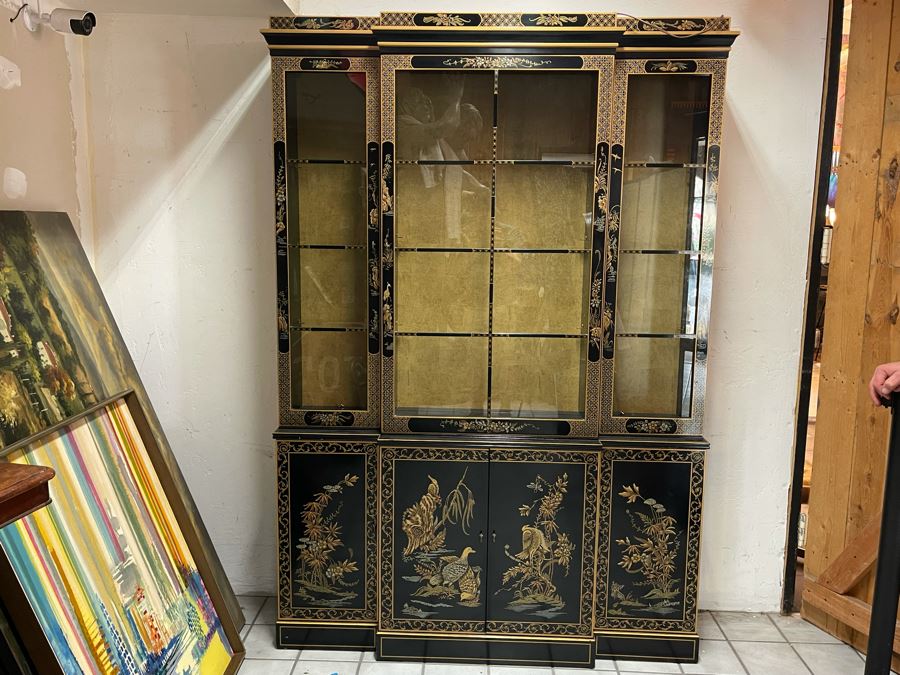 Black And Gold Chinoiserie Display China Cabinet 55W X 16D X 80H [Photo 3]